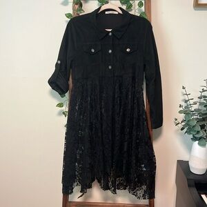ORIGAMI S/M Black suede and lace high low Tunic top